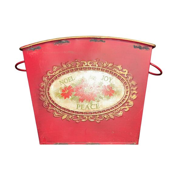 Red Metal Pot Tin Noel Joy Peace Christmas Holiday Flower Plant Planter Vase - Picture 4 of 16